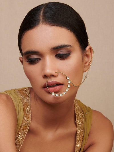 Amazon.com: Duel On Jewel Bridal Indian Ethnic Bollywood Gold Plated Nose  Ring with White Stone and Long Gold Chain with Pearls : Clothing, Shoes &  Jewelry