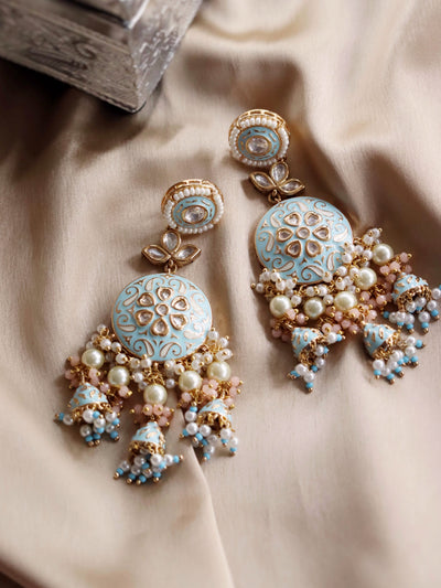 Indian Bollywood Style Blue Enameled Pearl Jhumka Earrings Girls Jewelry Set