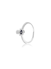 925 Silver Hamsa Charm Zircon Studded Ring