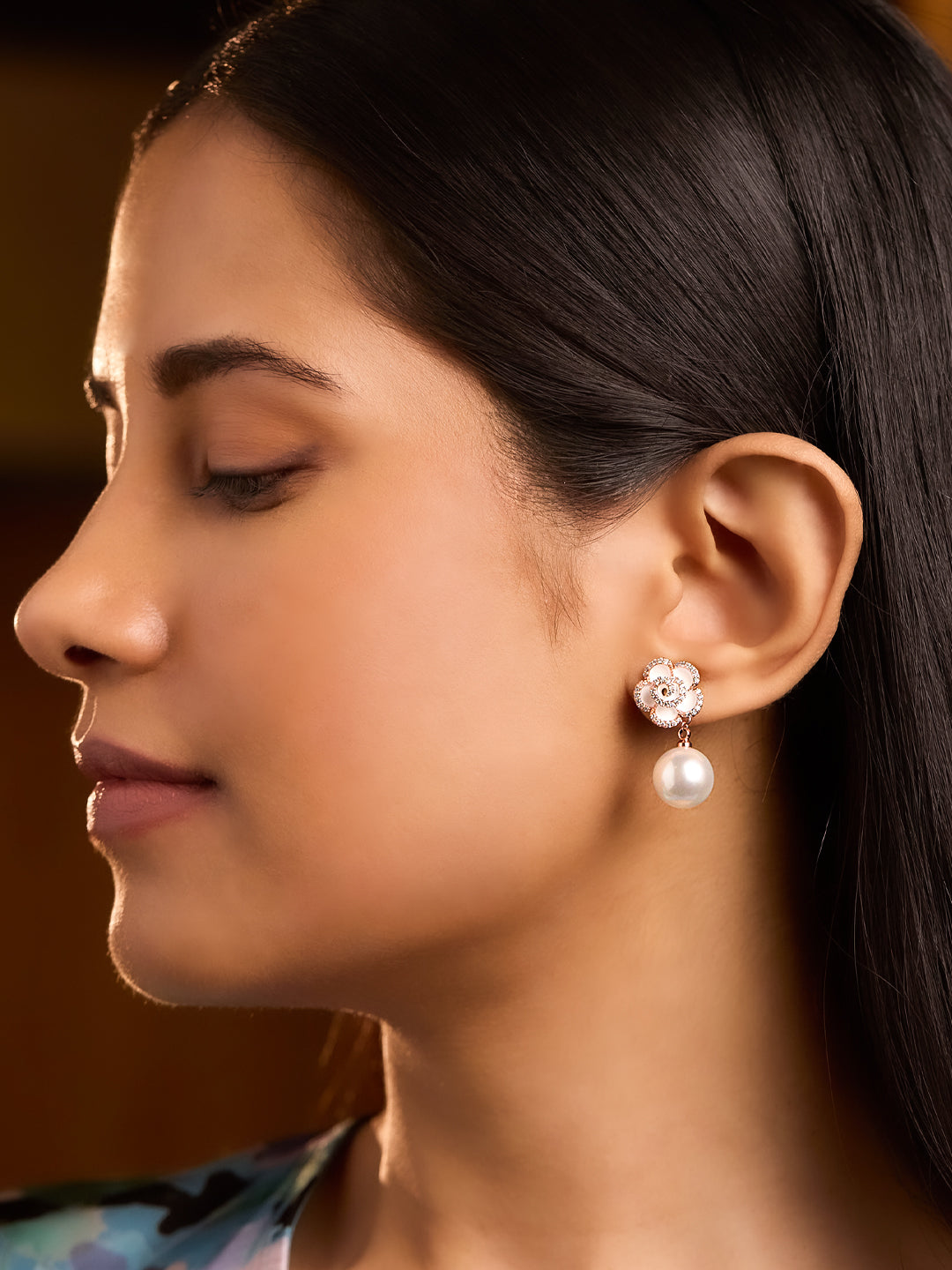 Snow Petal Enameled Pearl Drop Earrings