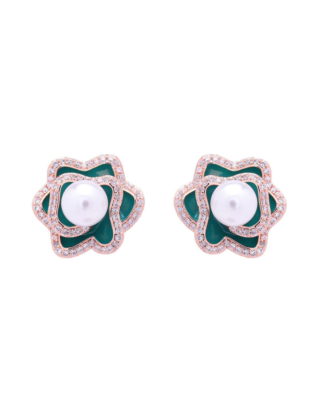 Green Rosette Pearl Stud Earrings