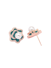 Green Rosette Pearl Stud Earrings