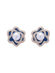 Blue Rosette Pearl Stud Earrings