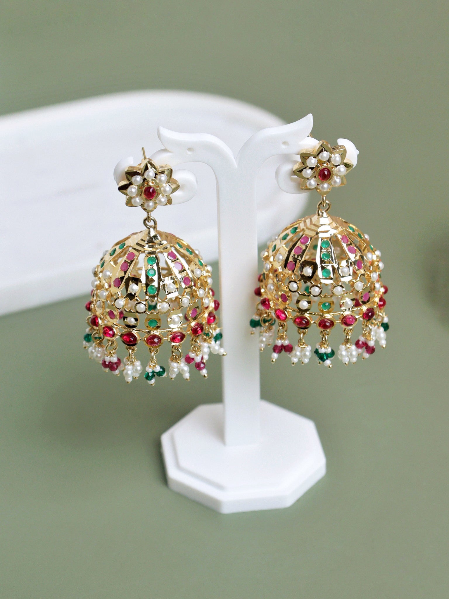 Pearl Studded Multi Stone Dome Jhumkas