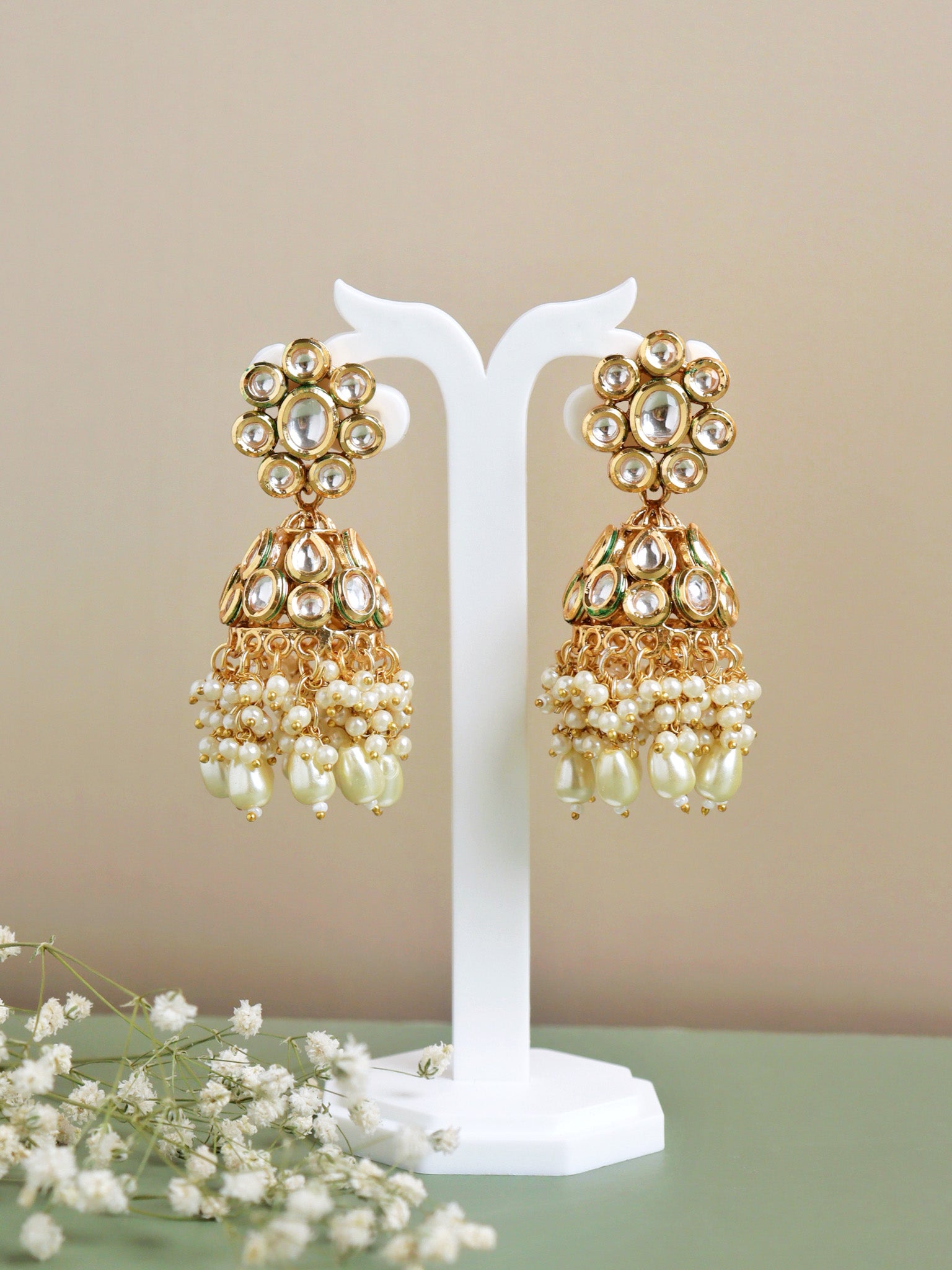 Bloomed Kundan Floral Jhumkas with Pearl Hanging