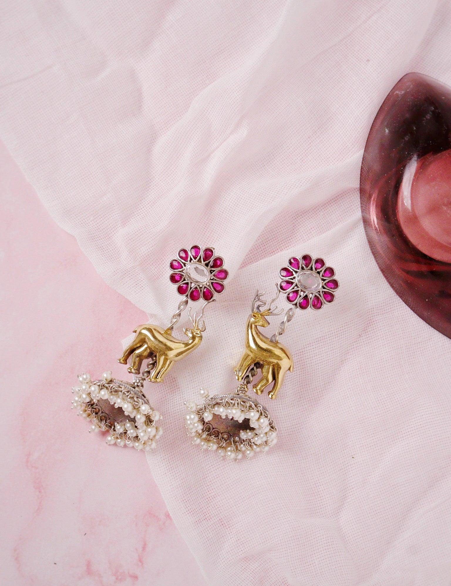 Golden Antlers Bloom Jhumki Earrings - Curio Cottage