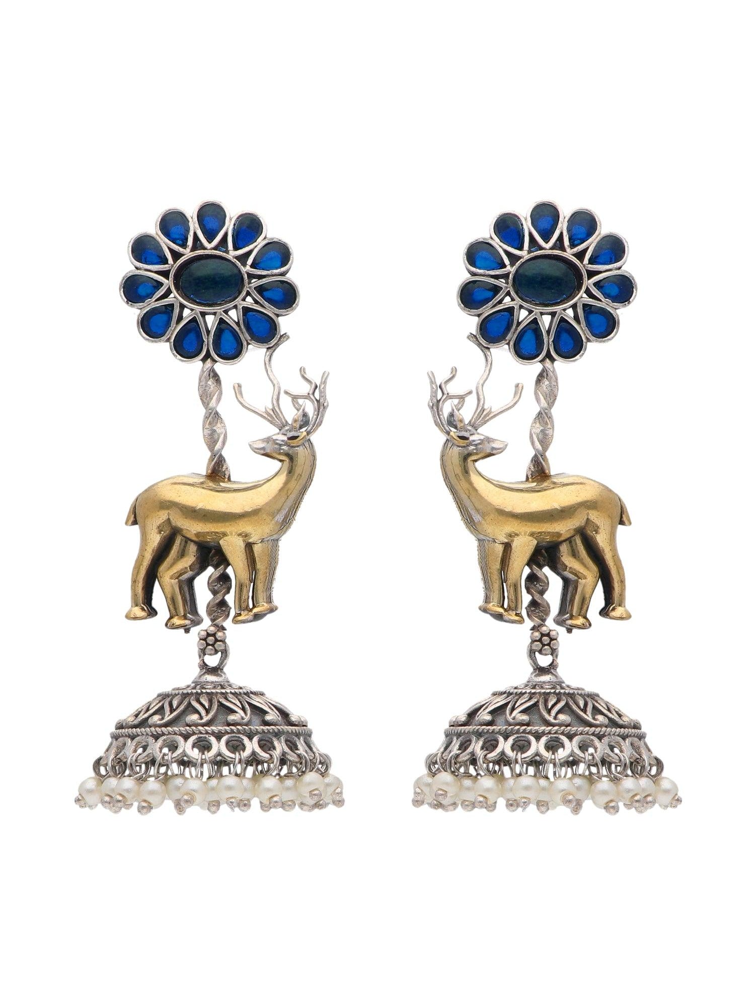 The Gypsy Midnight Bloom Stag Jhumki Earrings - Curio Cottage