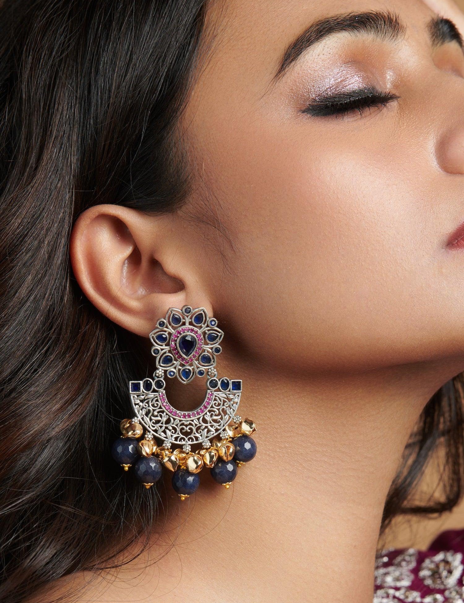 The Gypsy Azure Blue Ghungroo Chandbali Earrings - Curio Cottage