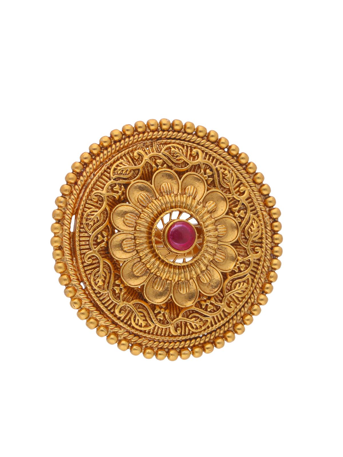 22K Gold Plated Ruby Studded Floral Carved Ring