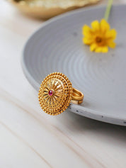 22K Gold-Plated Temple'S Crimson Studded Embrace Ring