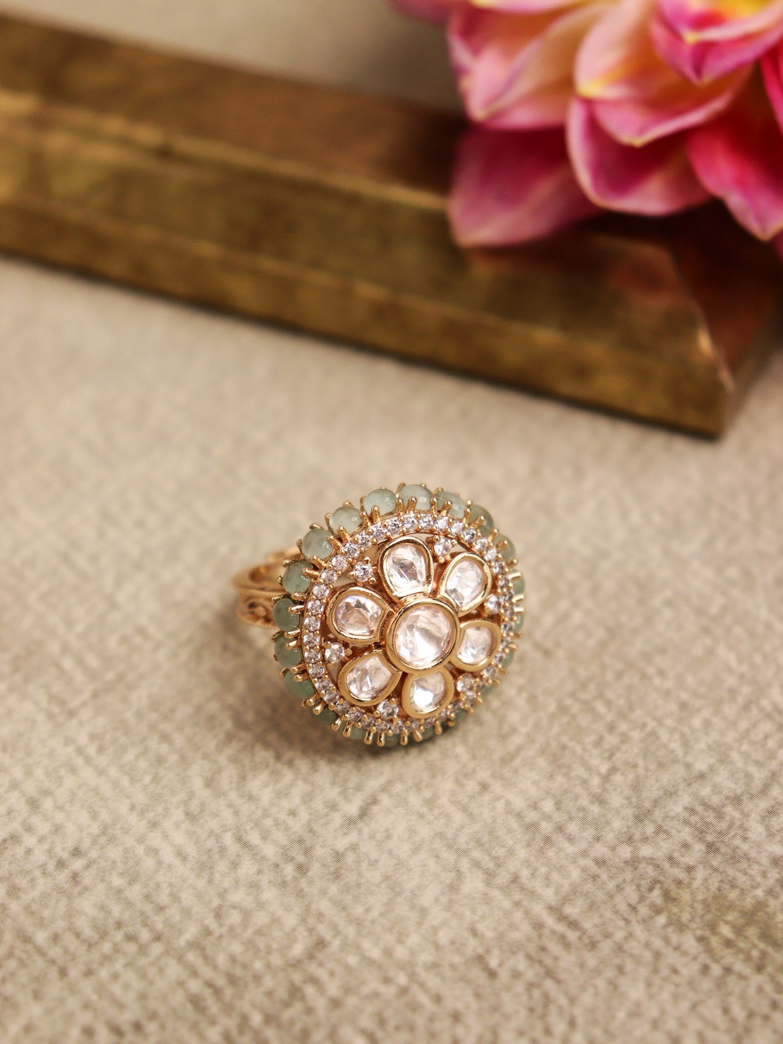 Mint Green Zircon-Studded Polki Ring