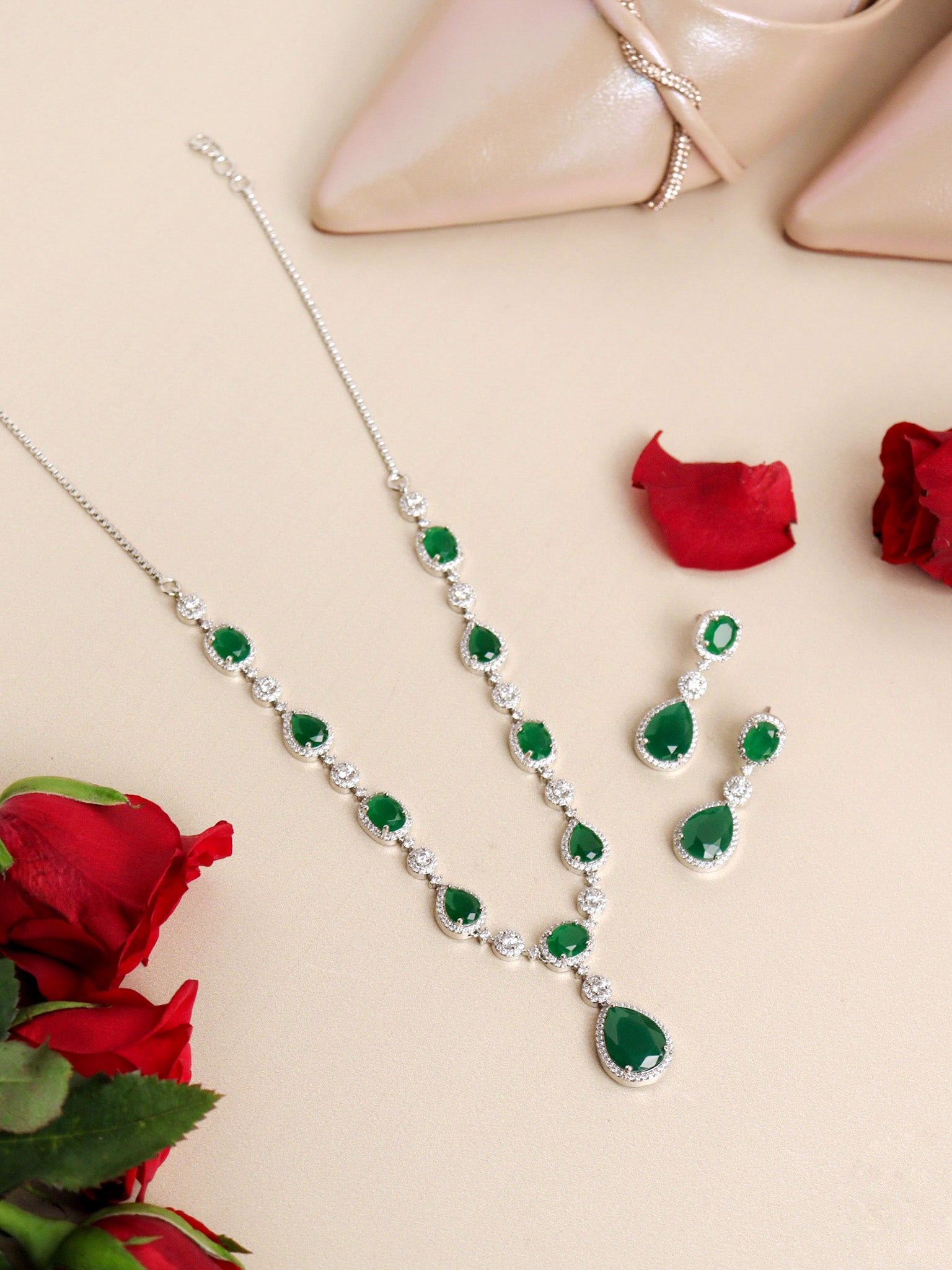 Drop of Emerald CZ Necklace Set