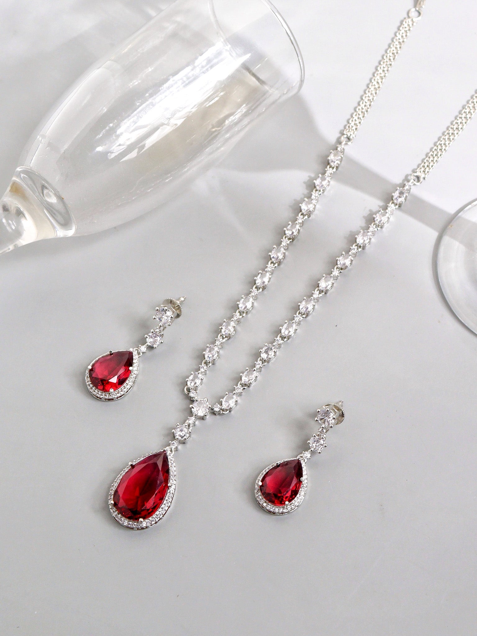 Garnet Glow Drop CZ Necklace Set