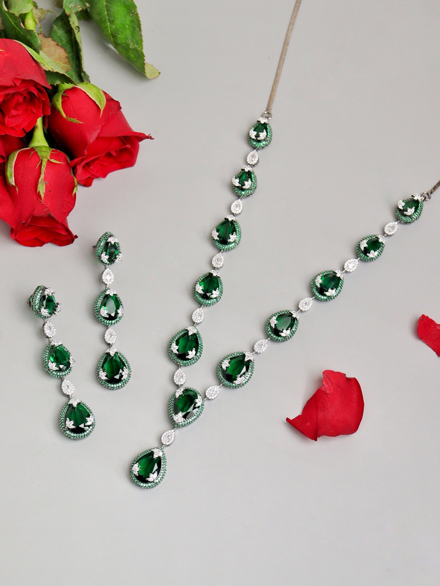 Emerald Green Droplet Delight CZ Necklace Set