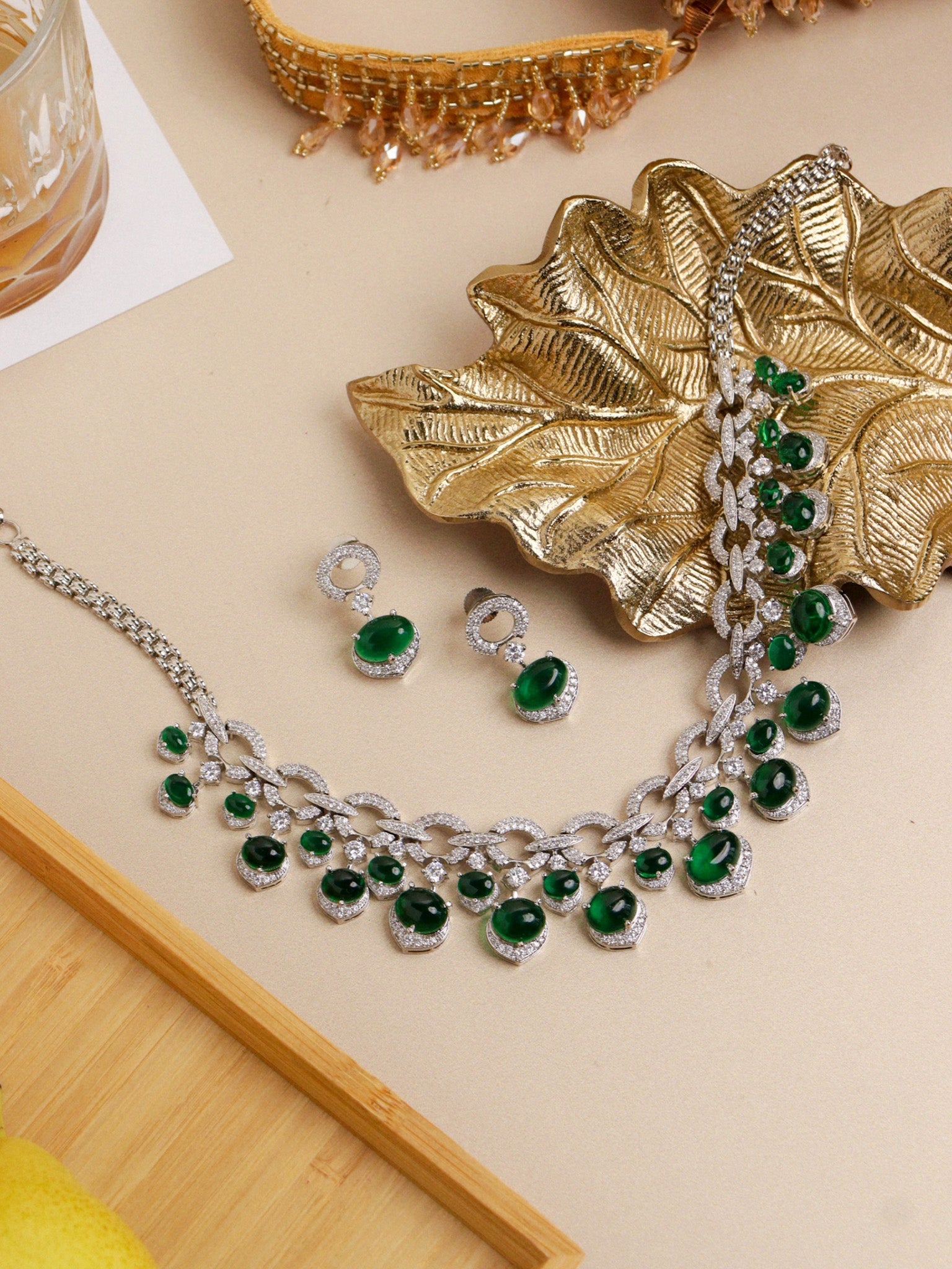 Emeraldlit Cabeshou Droplet CZ Nceklace Set