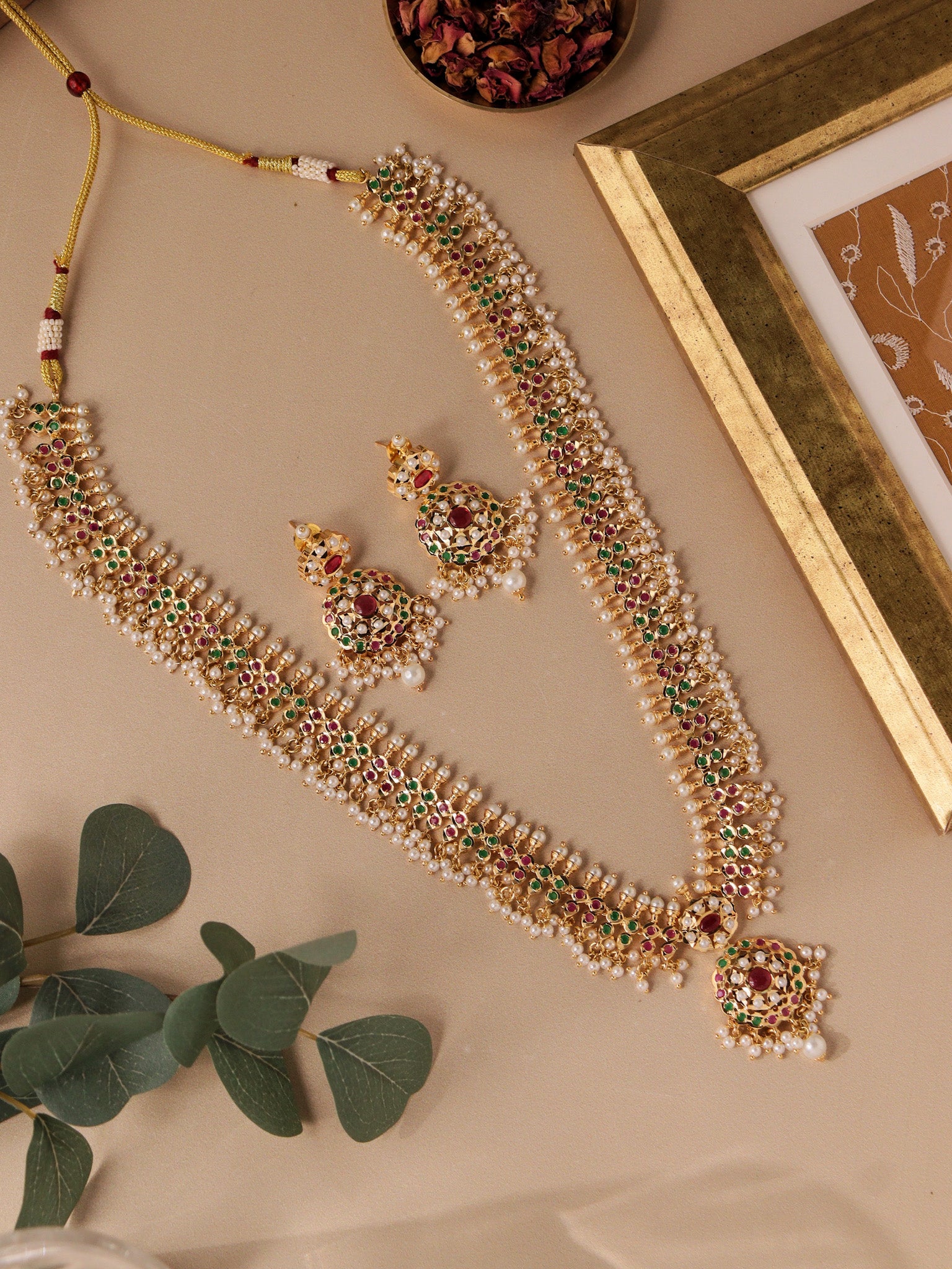 Meira Floral Jadau Multicoloured Long Necklace Set