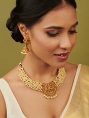 22k Gold Plated Divine Laxmi's Pearl Embrace Temple Necklace Set