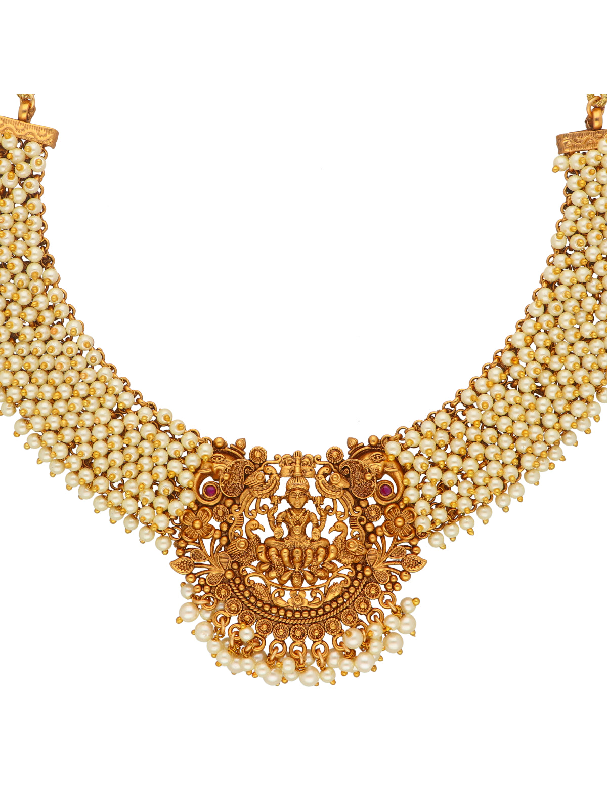 22k Gold Plated Divine Laxmi's Pearl Embrace Temple Necklace Set