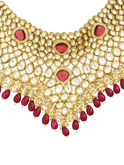 22 KT Gold-Plated Ruby Studded Polki Bridal Necklace Set – Curio