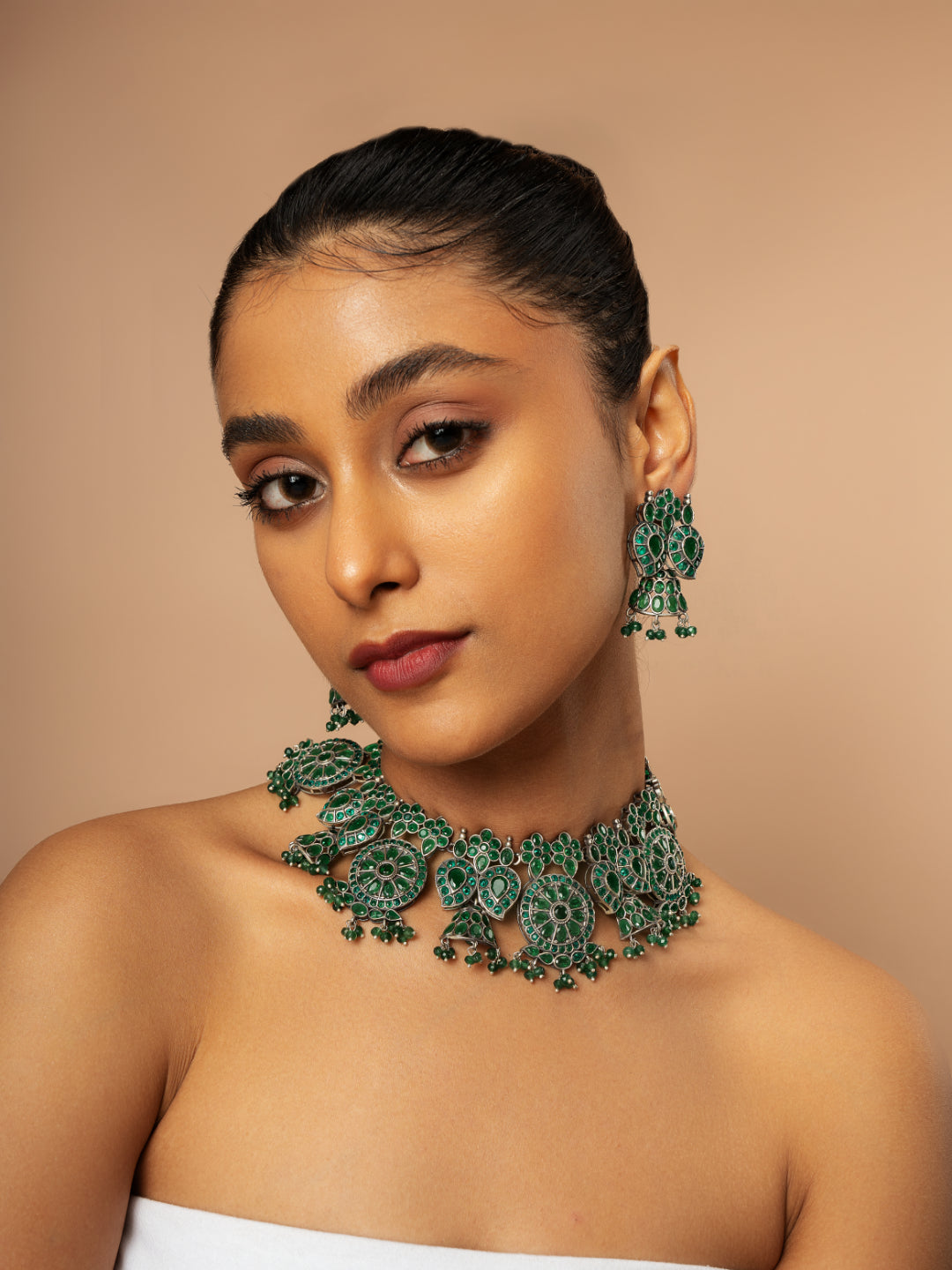 Bohemian Beauty Emerald Oxidised Necklace Set