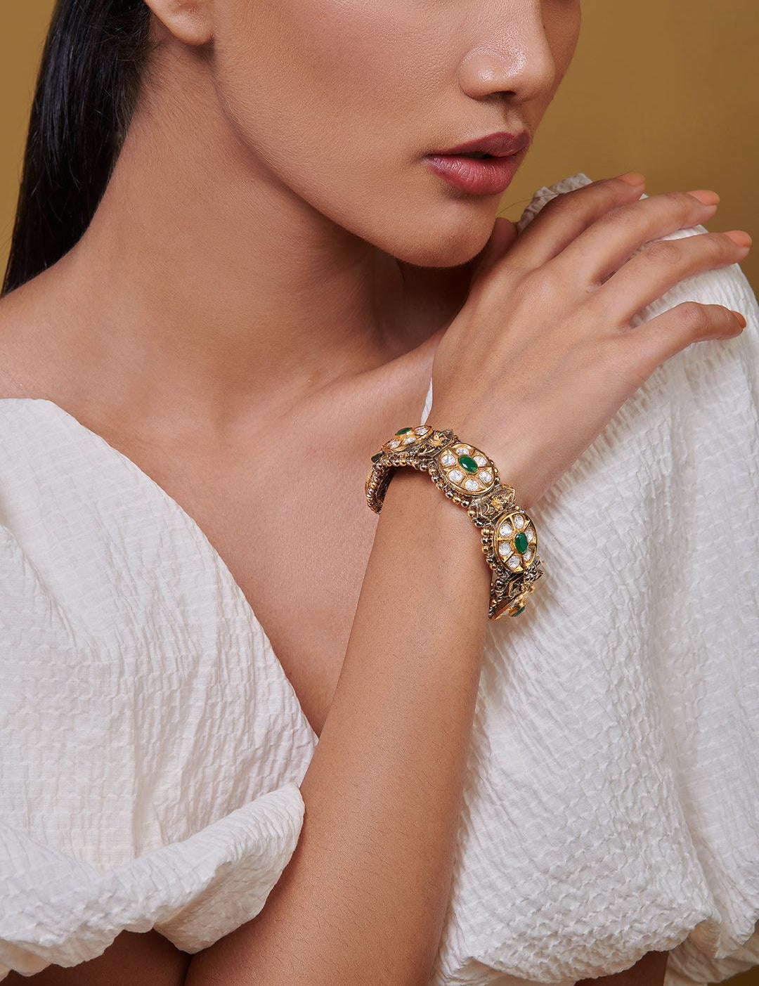 Meira Kundan And Green Stone Bangles - Curio Cottage