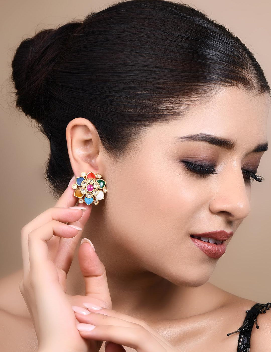 Blossomy Bloom Navratan Stud Earrings - Default Title (FEE136)