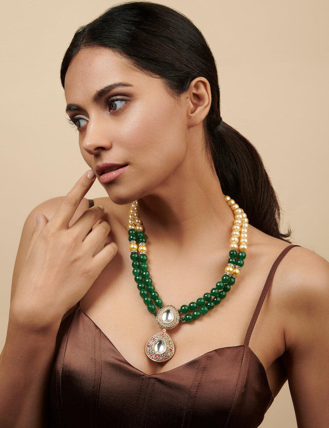 Stone Appeal Double Layered Green Stone and Oyester Pearls Necklace - Curio Cottage