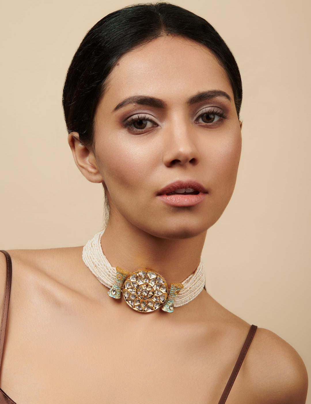 Meira Kundan and Blue Enamel Pearl Choker - Curio Cottage