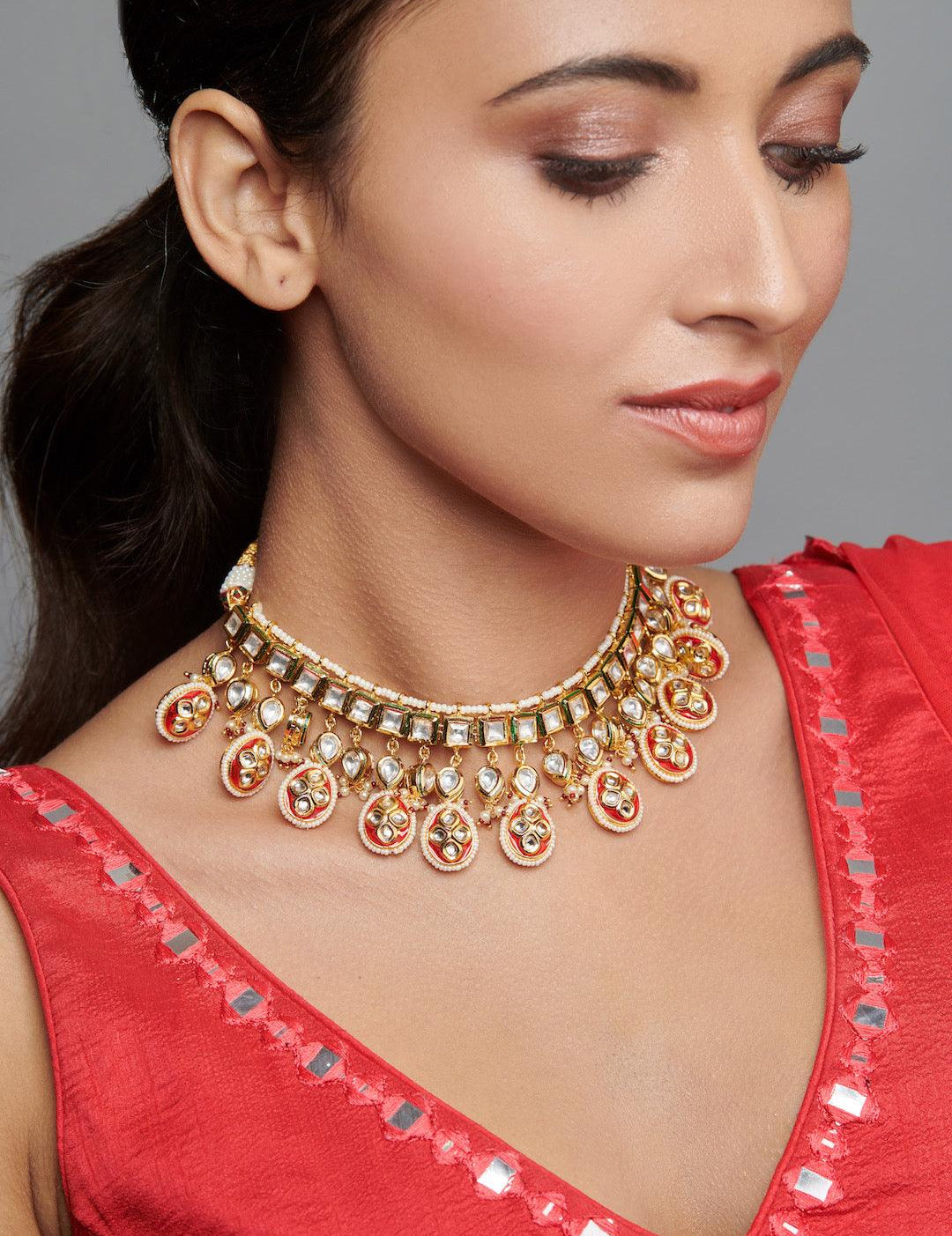 Bridal Kundan Necklace With Red Enamel Droplets - Default Title (FNE221)