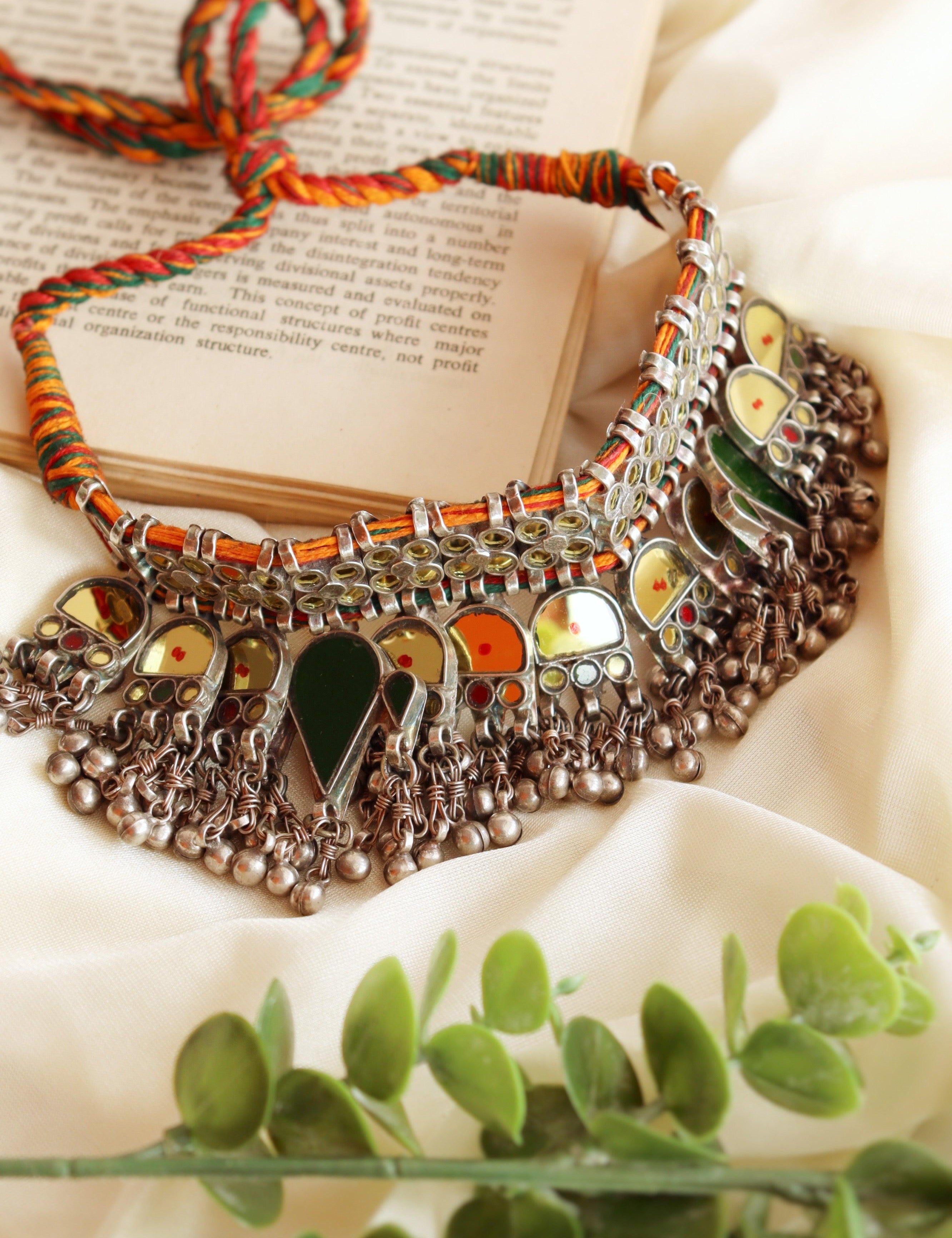 Aria Oxidised Yellow And Green Mirror Choker Necklace - Default Title (FNO105)