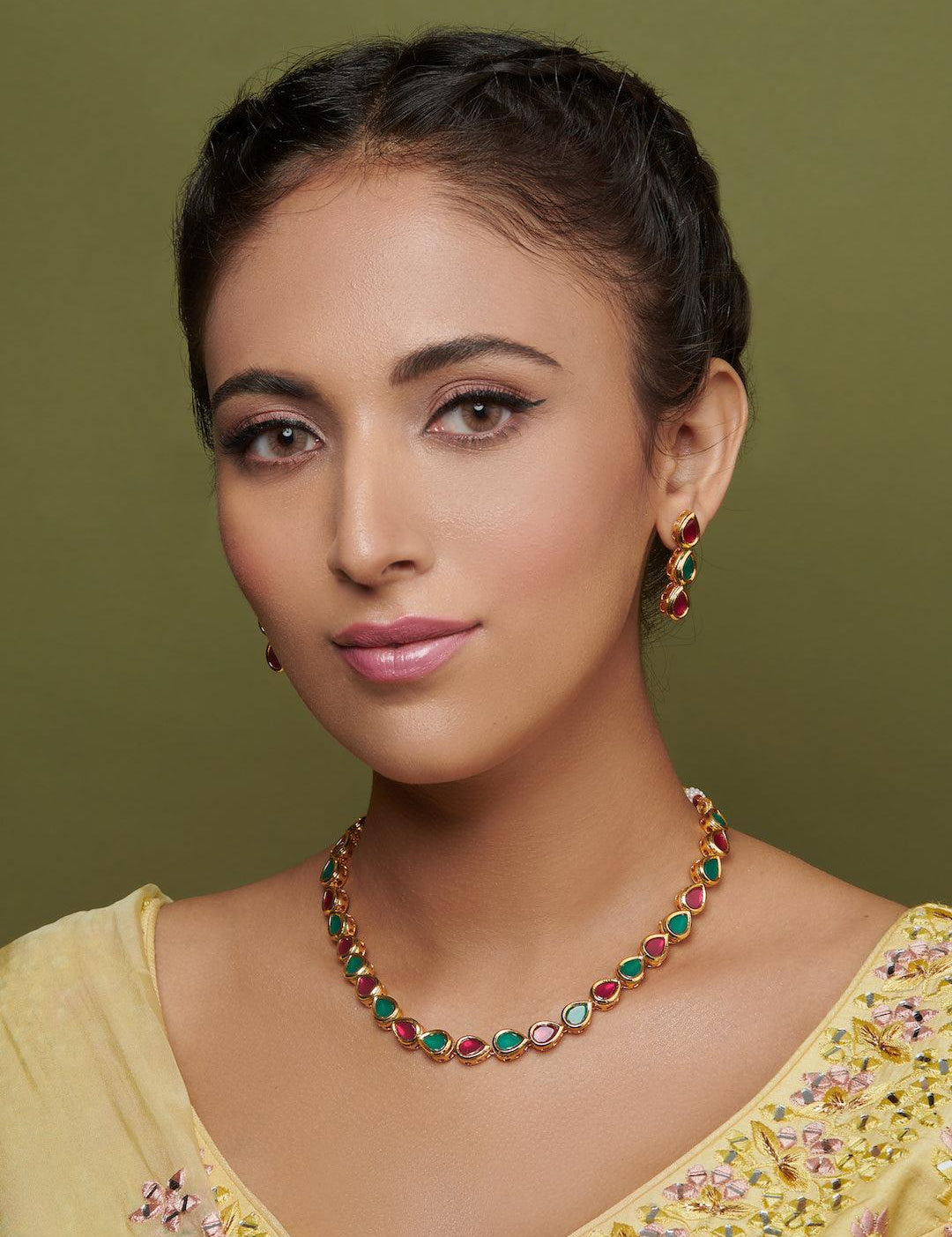 The Bridal Edit - Red And Green Kundan Leaf Strings Necklace Set - Curio Cottage