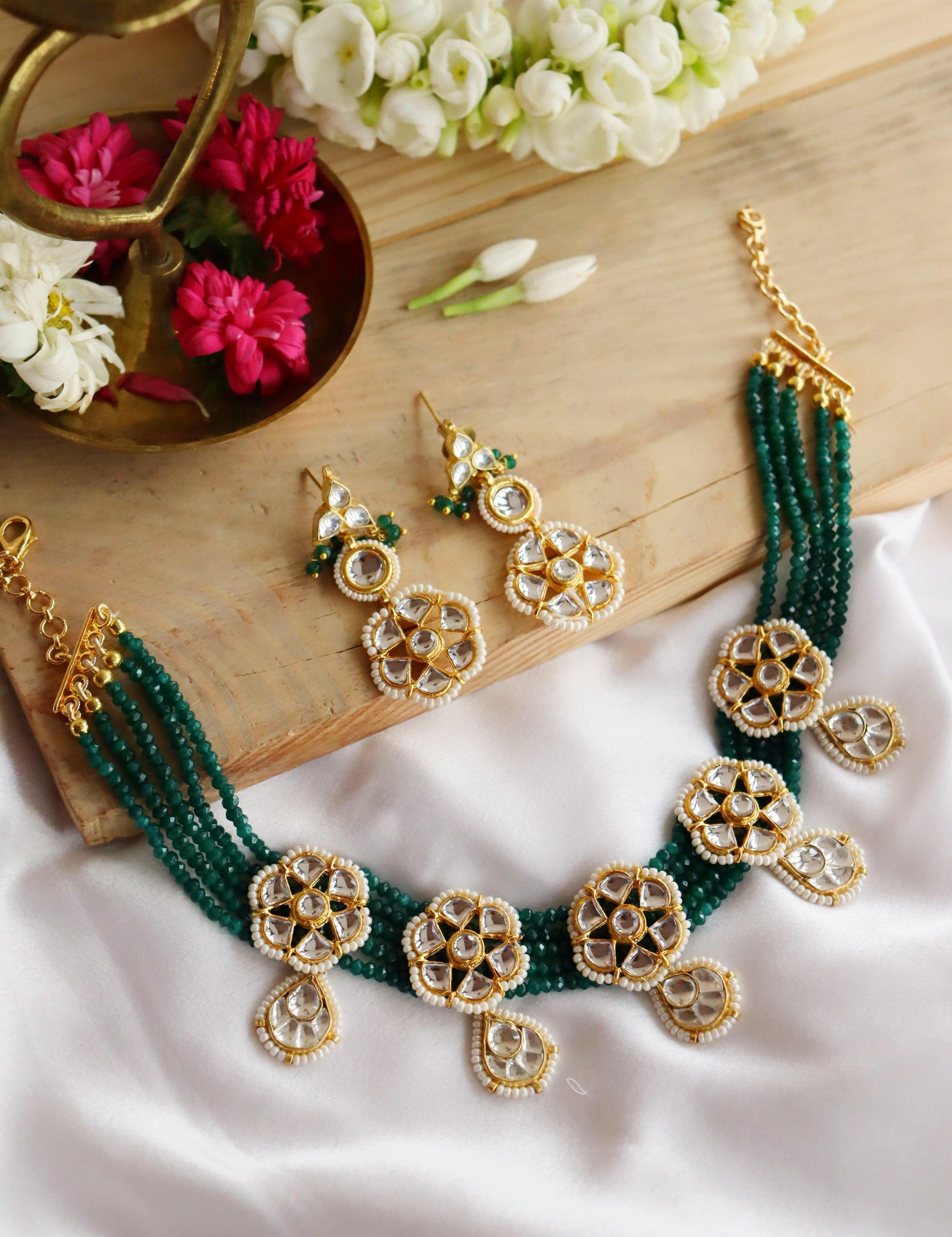 The Bridal Edit - Floral Kundan Motifs And Green Strings Choker Set - Curio Cottage