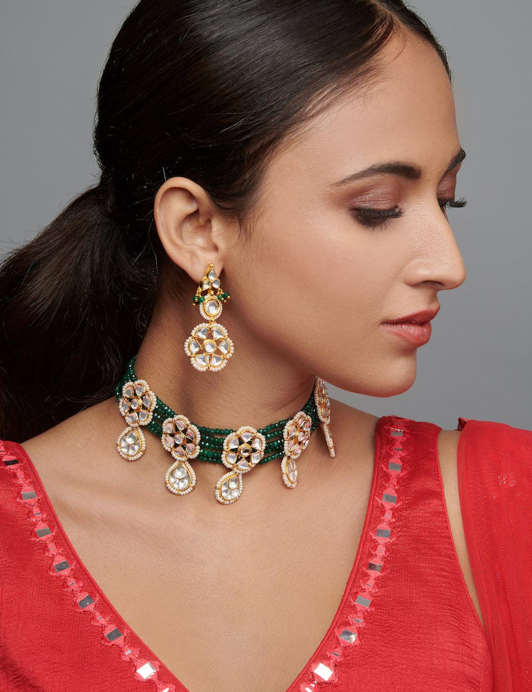 The Bridal Edit - Floral Kundan Motifs And Green Strings Choker Set - Curio Cottage