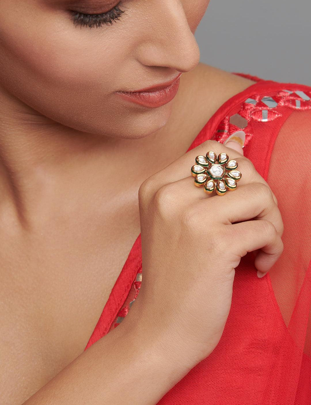 The Bridal Edit - Floral Uncut Kundan Ring - Curio Cottage