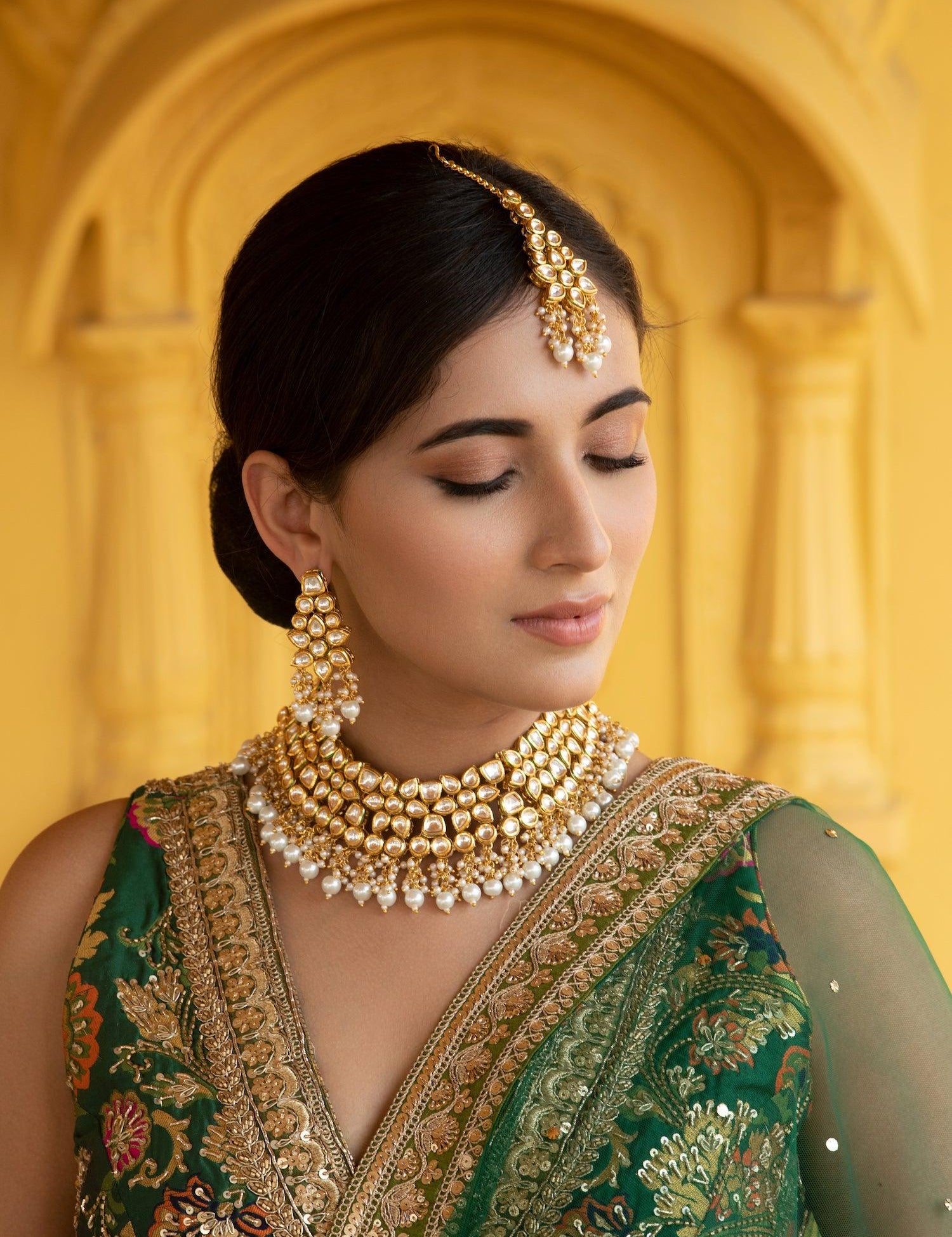 Bridal Kundan and Pearls Floral Necklace Set - Curio Cottage