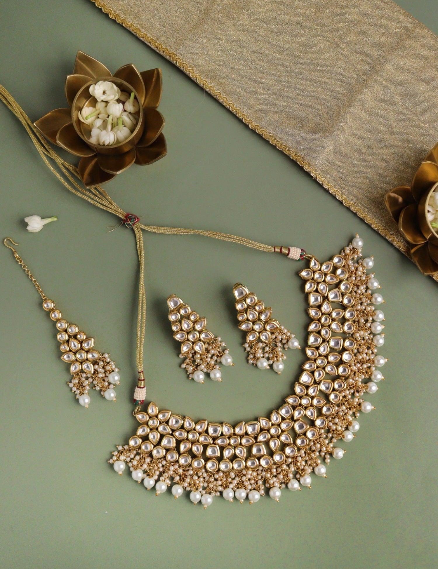 Bridal Kundan and Pearls Floral Necklace Set - Curio Cottage