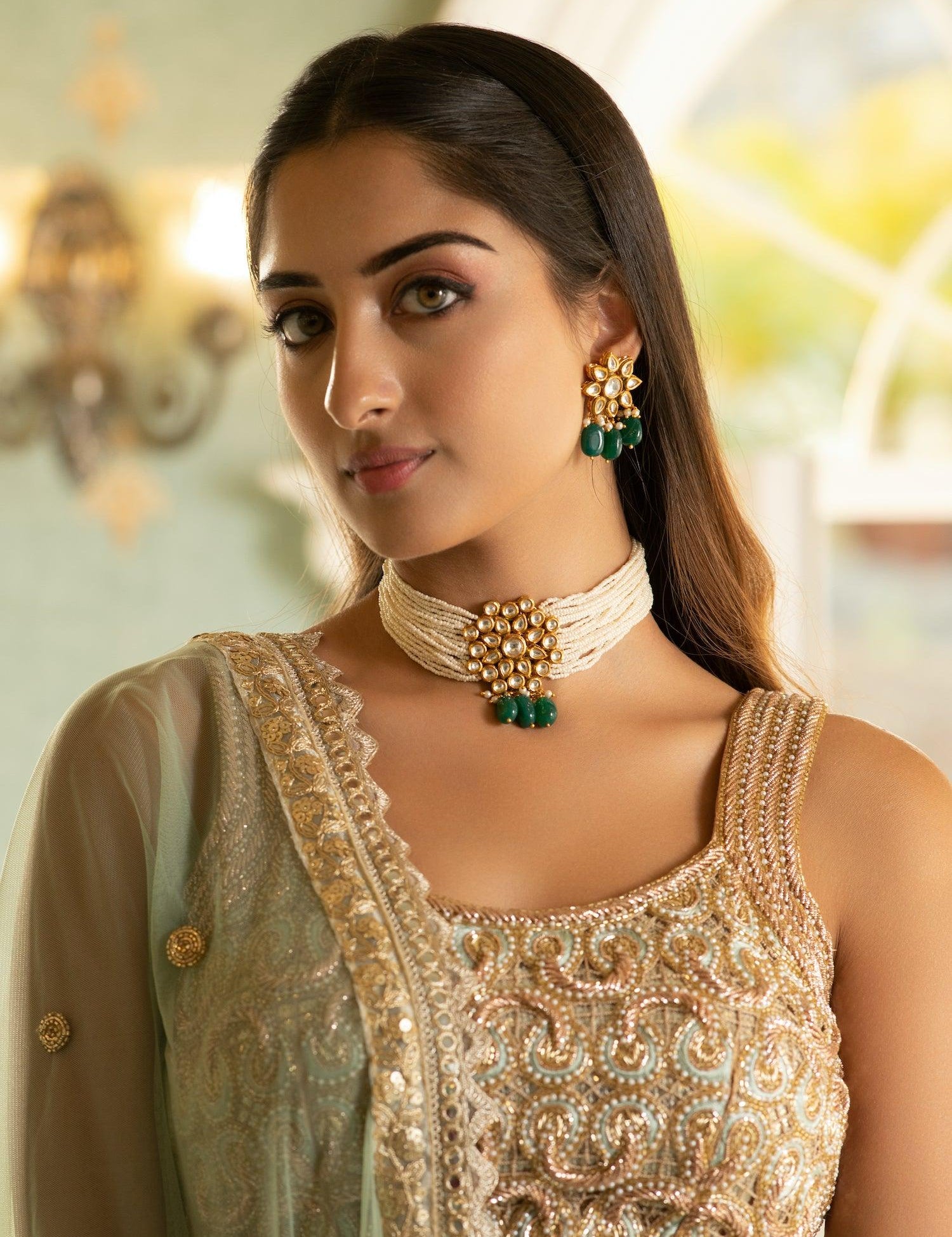 Bridal Kundan and Pearls Embellished Choker Set - Curio Cottage