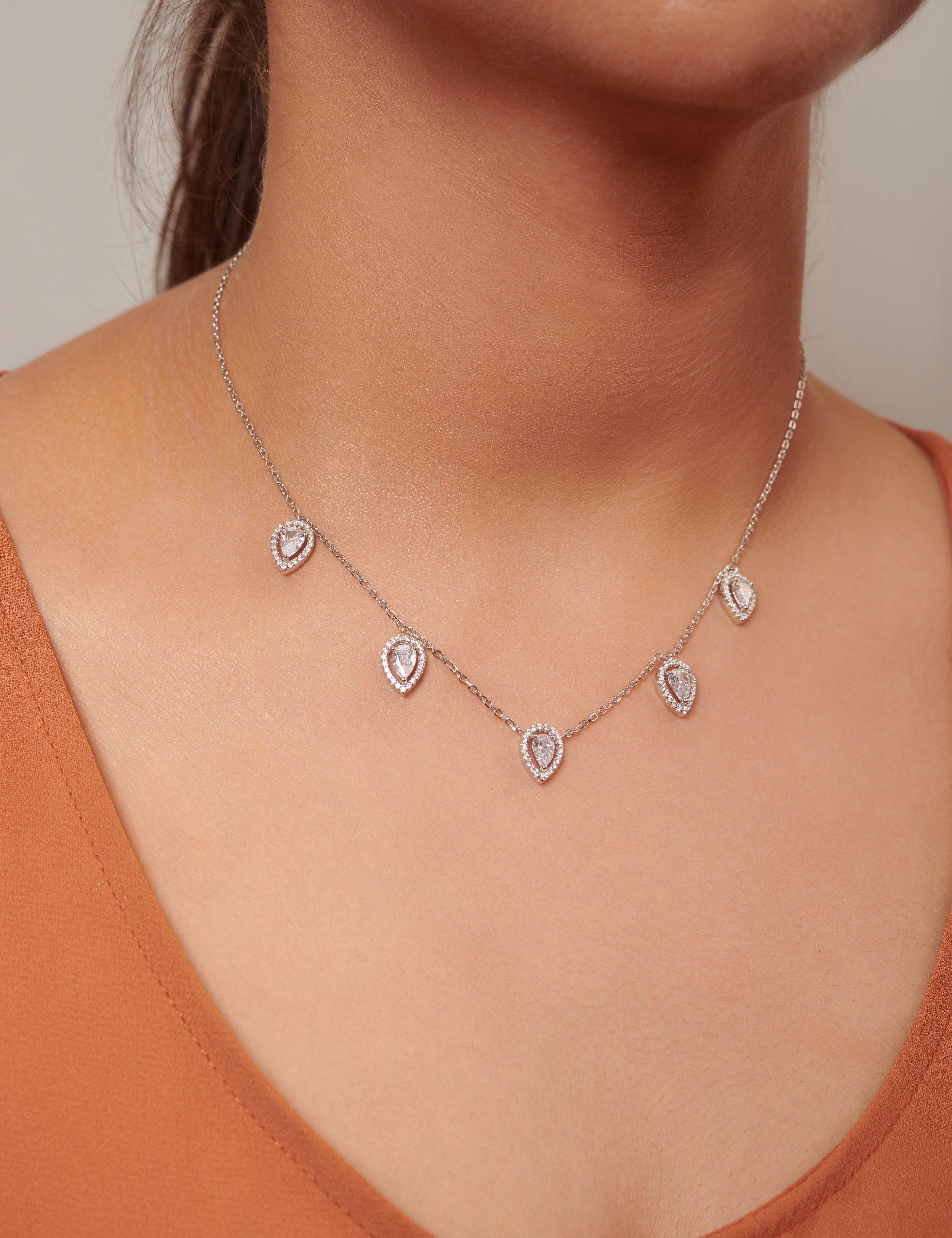 Pure Silver Leaflet Necklace Embellished With Cubic Zirconia Stones - Curio Cottage